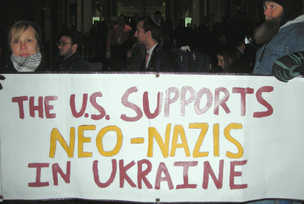 Protesters challenge AIPAC attendees on Ukraine, Palestine & Iran. Washington DC, March 2014. Photo by St. Pete for Peace